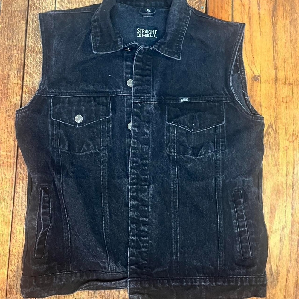 Straight to Hell black denim vest jean vest punk faded acid wash distressed